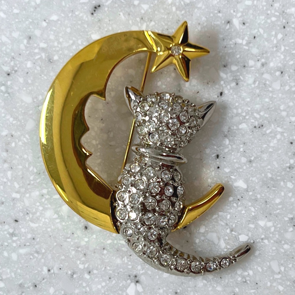 Rhinestone Cat & Gold Moon Star Brooch Pin‎ Celestial Whimsical Jewelry Vintage